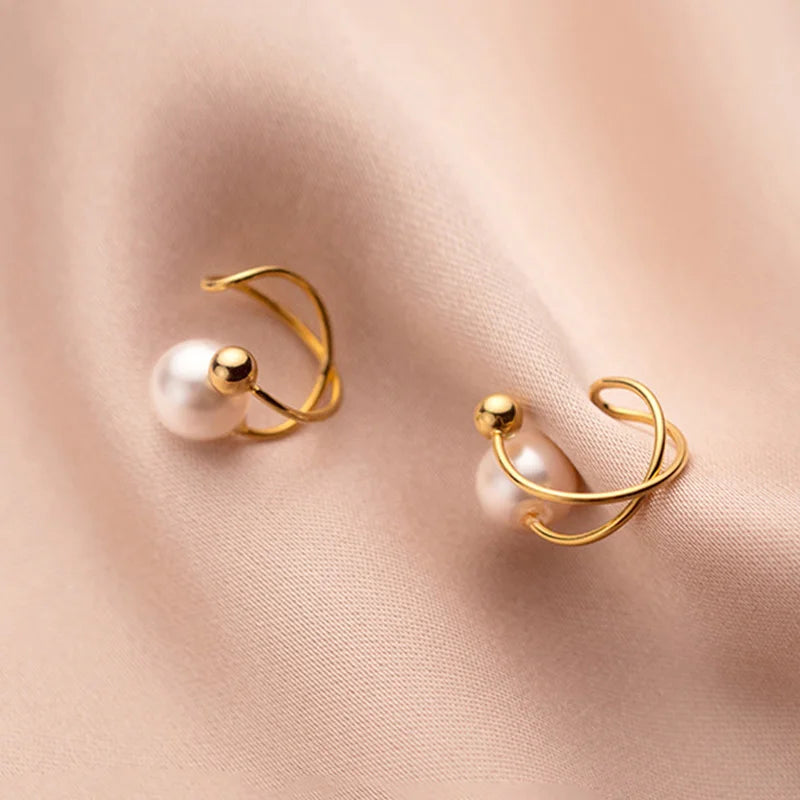 TrustDavis Real 925 Sterling Silver Sweet Gold Cross Synthesis Pearl Clip Earrings For Women Without Piercing Fine Jewelry DA256