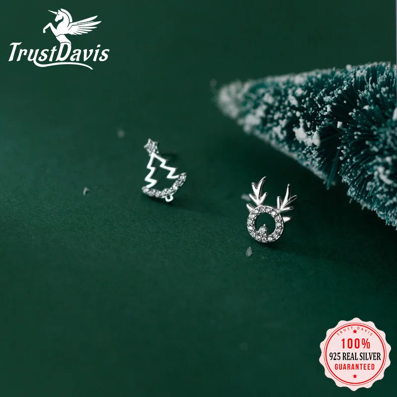 TrustDavis Real 925 Sterling Silver Fashion Fine Elk Asymmetric Christmas Tree Stud Earrings for Women Jewelry DB161