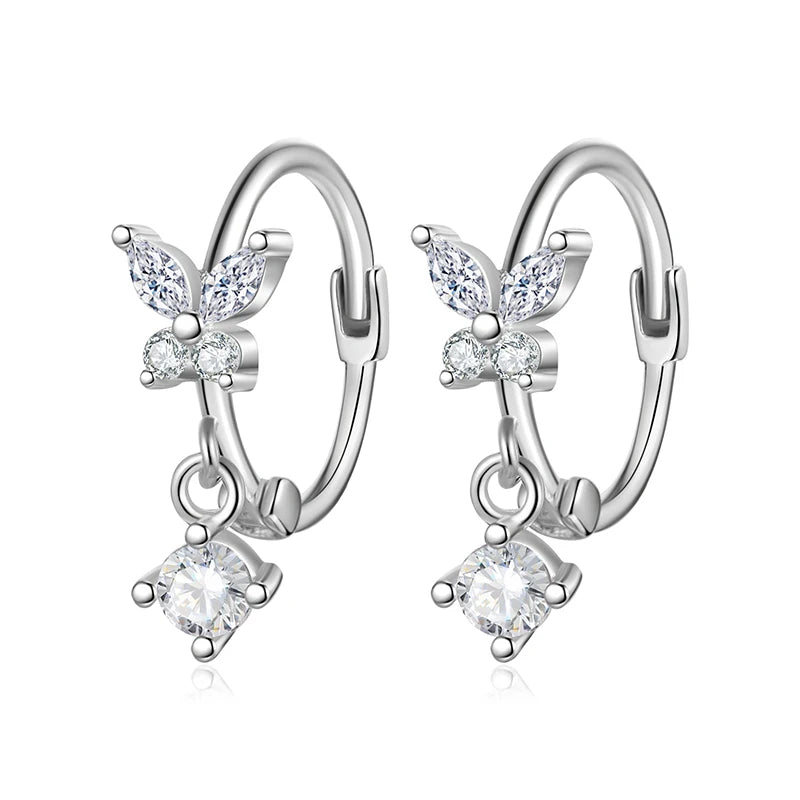 TrustDavis Real 925 Sterling Silver Sweet Charm Butterfly Zircon Hoop Earring for Women Wedding Birthday Fine Jewelry DB1427