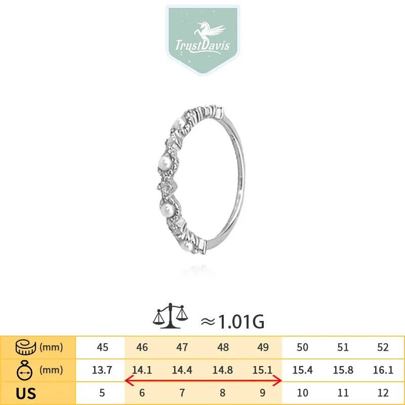 TrustDavis Real 925 Sterling Silver Women's Fashion Pearl Stacked Band Zircon Ring for Women Girls Fine Jewelry Gift DS4753