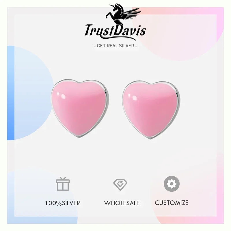 Trustdavis Girls Real 925 Sterling Silver Sweet Heart Stud Earrings Girls Daughter Birthday Party Gift Jewelry DS4279