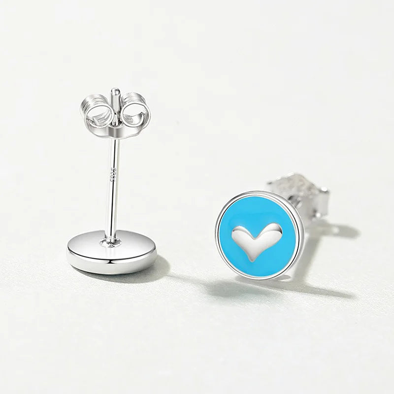 TrustDavis 925 Sterling Silver Women's Earrings Fashion Simple Round Blue Heart Earrings for Women Girls Jewelry Gift DS4359