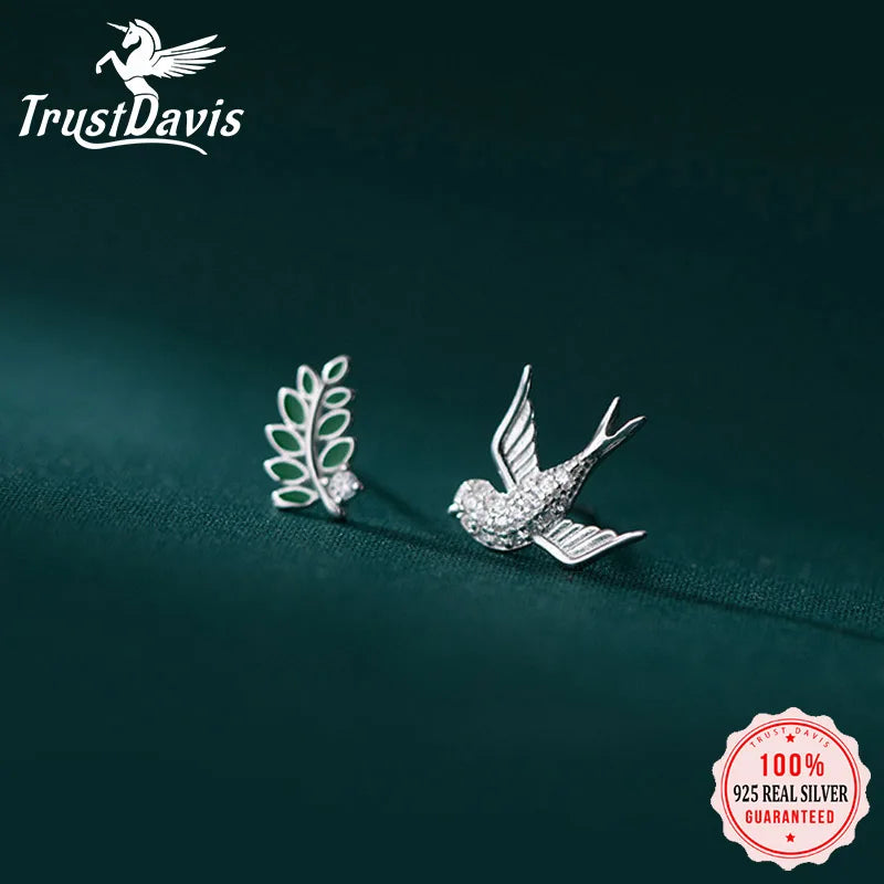 Sweet Asymmetric Bird Branch CZ Charm Stud Earrings DB422