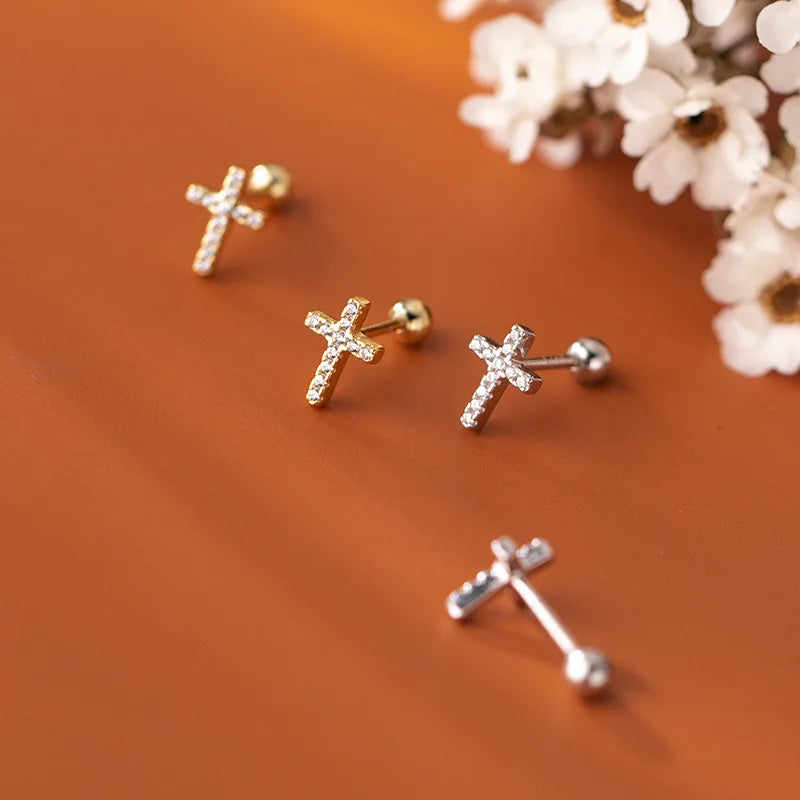 Trustdavis Real 925 Sterling Silver Sweet Cross Round CZ Screw Stud Earrings For Women Children Baby Girls Kids Jewelry DB1365