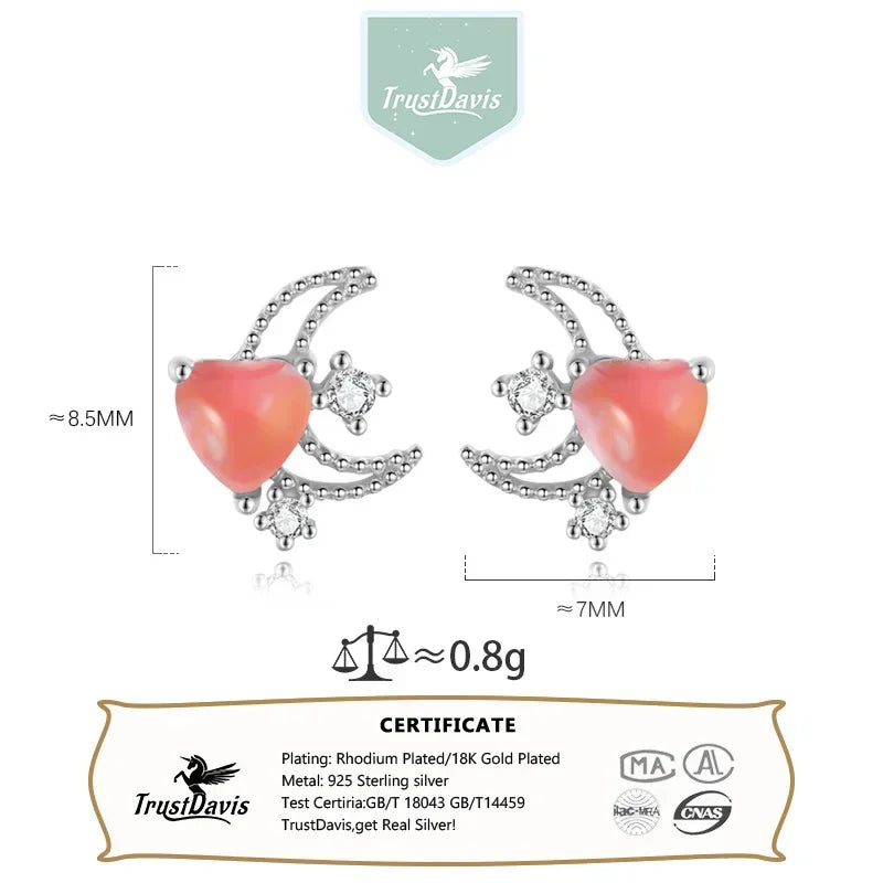 TrustDavis Genuine 925 Sterling Silver Sweet Moon Heart CZ Screw Stud Earrings for Daughter Children Birthday Jewelry DS4151