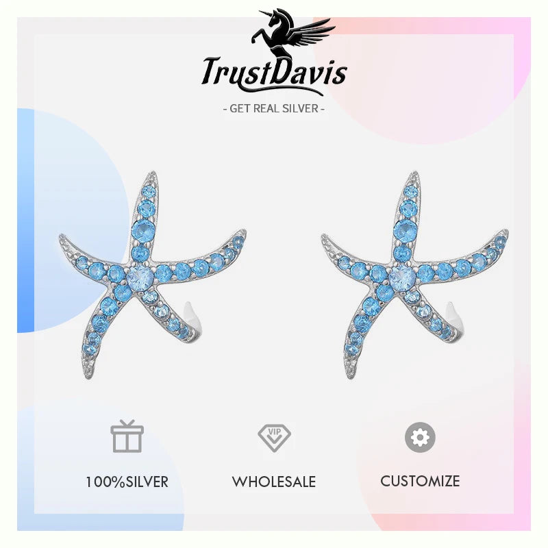 TrustDavis 925 Sterling Silver Women's Fashion Simple Blue Starfish Stud Earrings for Women Girls Birthday Jewelry Gift DS4678