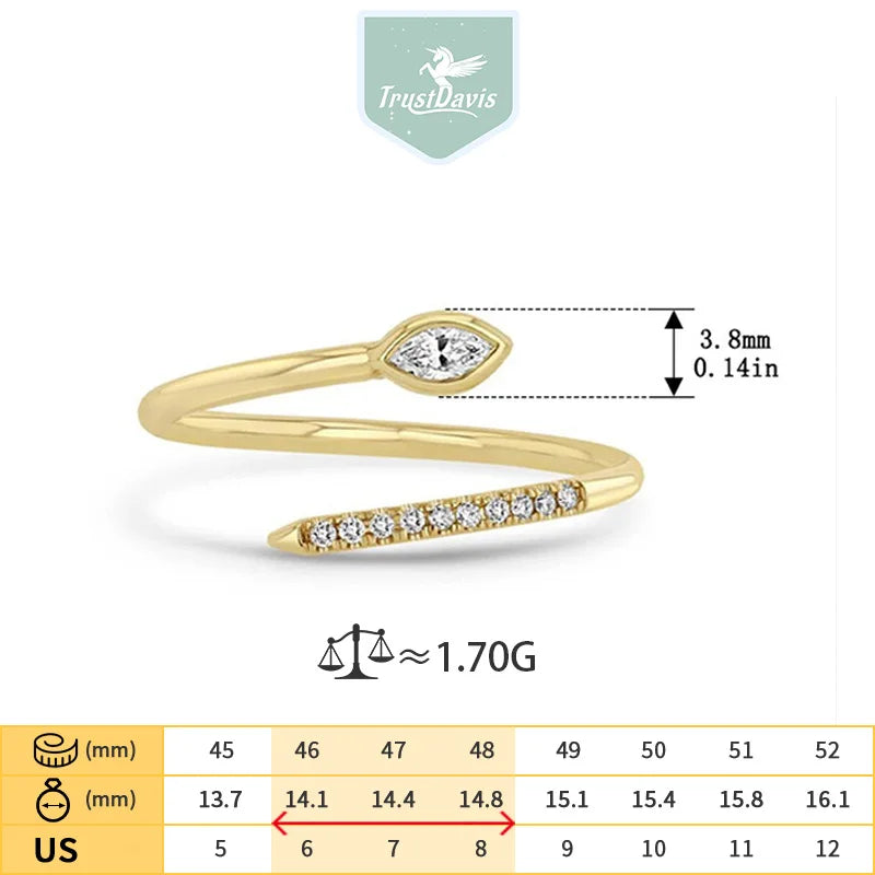 TrustDavis Real 925 Sterling Silver Women's Ring Fashion Simple Snake-shaped Zircon Open Ring for Women Girl Jewelry Gift DS4654