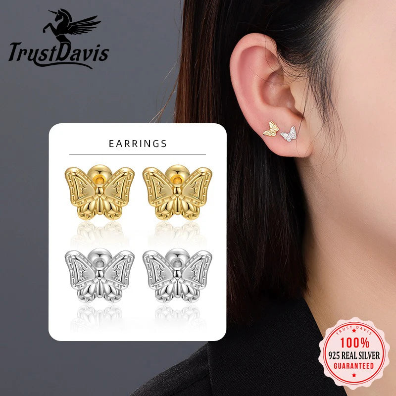 TrustDavis 925 Sterling Silver Women's Fashion Simple Smooth Butterfly Screw Earrings for Women Girls Jewelry Gift DS4301