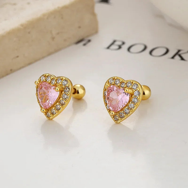TrustDavis Authentic 925 Sterling Silver Pink Red Heart CZ Stud Earrings for Women Girls Kids Birthday Gift Jewelry DS3921