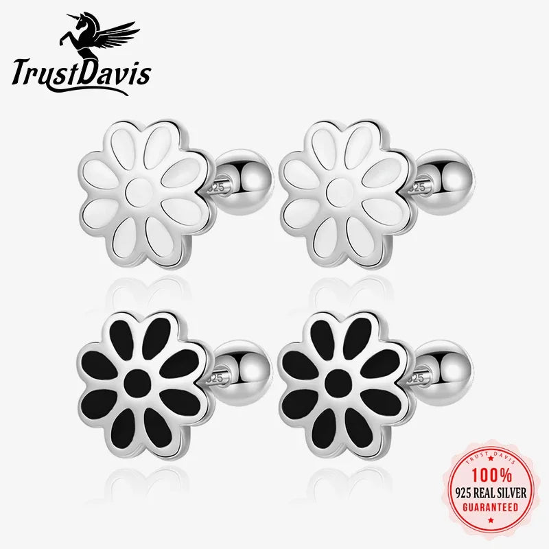 TrustDavis Real 925 Sterling Silver Casual Glaze Flower Screw Stud Earrings For Women Wedding Valentine's Day Jewelry DS4591