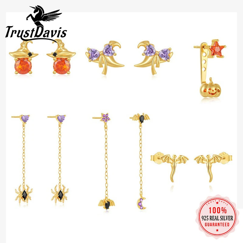 TrustDavis Real 925 Sterling Silver Women's Fashion Halloween Spider and Bat Earrings for Women Girls Gift Fine Jewelry DS4690