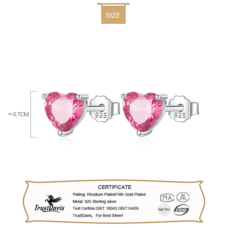 TrustDavis 100% 925 Sterling Silver Fashion Women's Jewelry Heart With CZ Stud Earring Gift For Girls Kids Lady DS3565