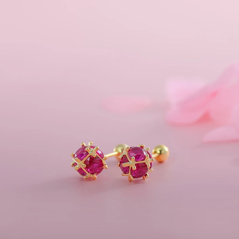 TrustDavis Real 925 Sterling Silver Ball Red CZ Screw Beads Stud Earrings For Women Children Baby Girls Minimalist Jewelry H080