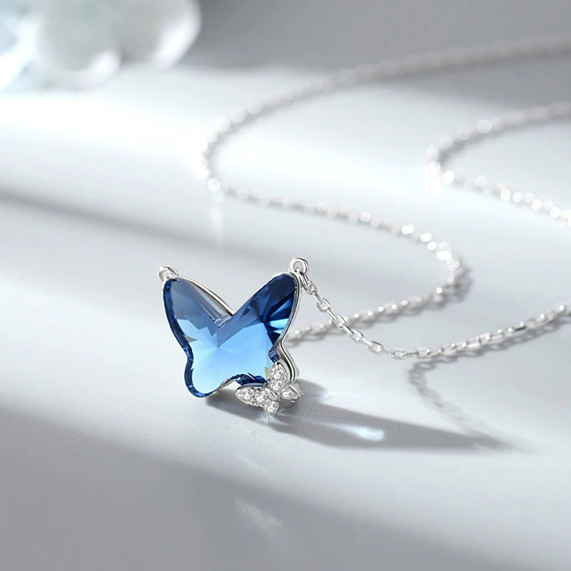 TrustDavis Real 925 Sterling Silver Women's Fashion Sweet Blue Crystal Butterfly Necklace for Women Gril Gift Jewelry DS4218