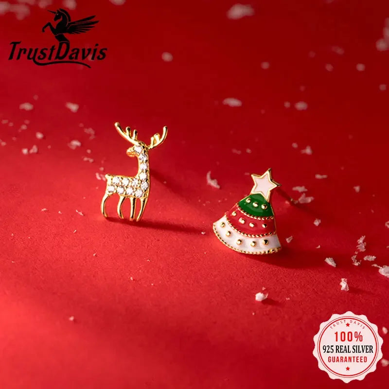 TrustDavis Real 925 Sterling Silver Asymmetric Christmas Trees Deer Stud Earrings For Women Christmas Presents Jewelry DS3363