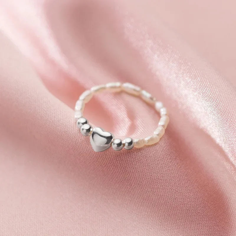 TrustDavis Real 925 Sterling Silver Sweet Pearl Heart Beads Elastic Rings For Women Party S925 Jewelry DA1308