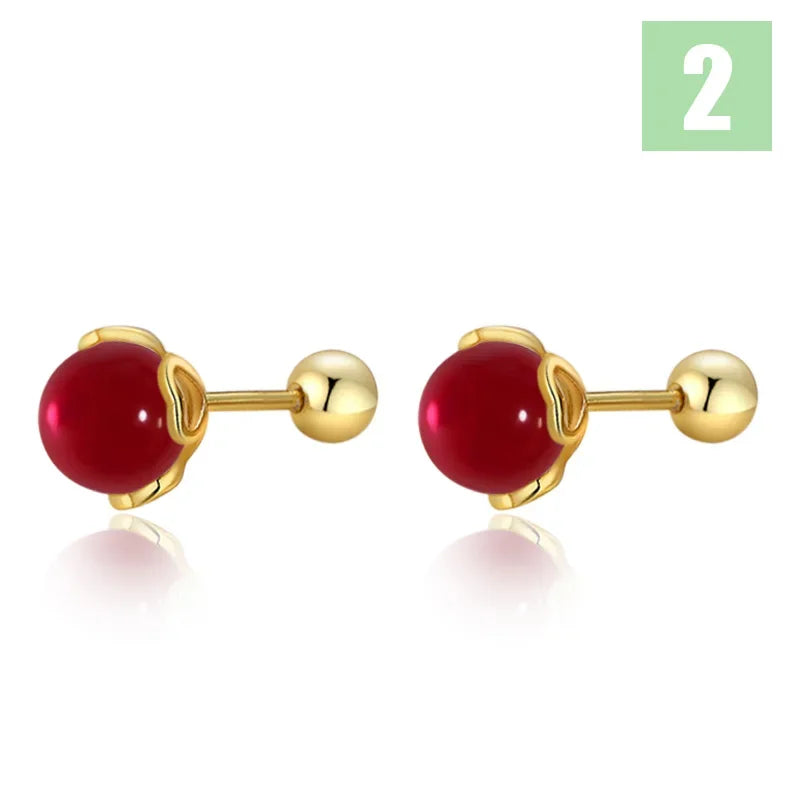 TrustDavis Real 925 Sterling Silver Agate Round Bead Screw Stud Earrings for Women Girls Minimalist Fine Jewelry DS4103