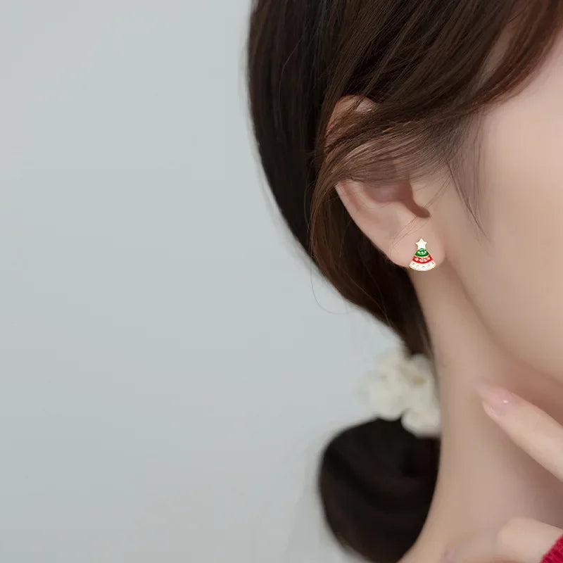 TrustDavis Real 925 Sterling Silver Asymmetric Christmas Trees Deer Stud Earrings For Women Christmas Presents Jewelry DS3363