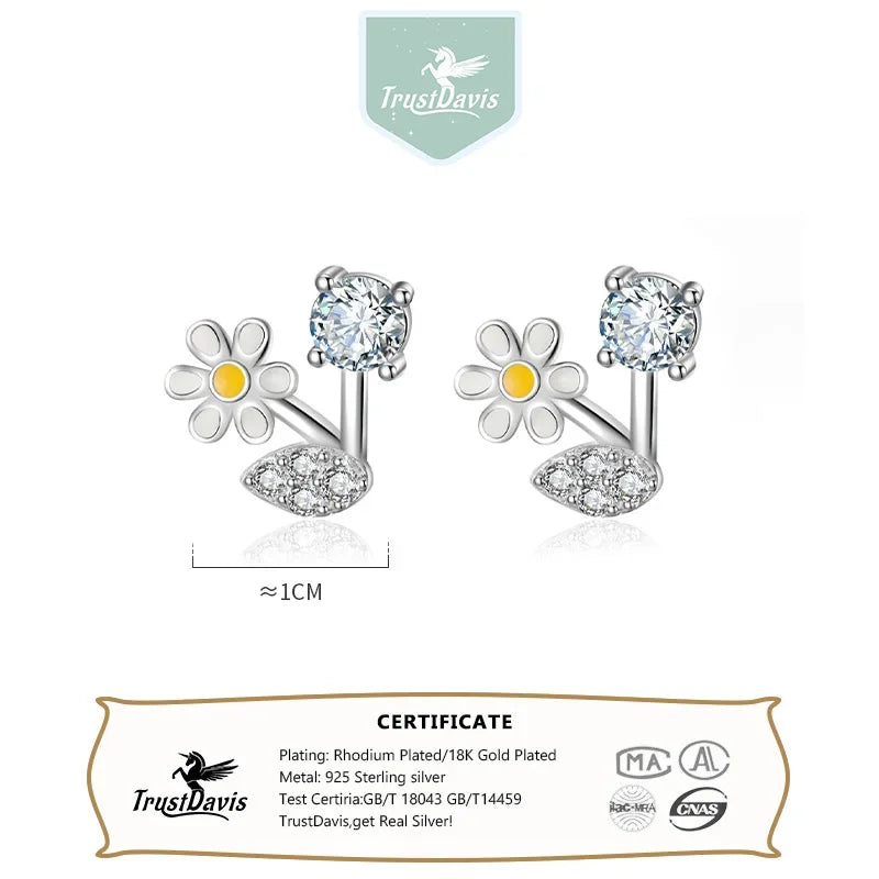 TrustDavis Girls Real 925 Sterling Silver Sweet Flower Daisy Stud Earring Gift for Women Girl Fine Jewelry Gift DS4100