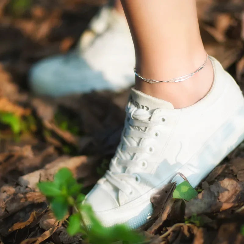 TrustDavis 925 Sterling Silver Fashion Sweet Double Layer Stick Anklets For Women Valentine's Day Birthday Gift Jewelry DS776