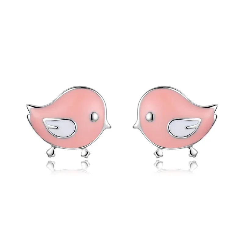 TrustDavis Real 925 Sterling Silver Fashion Sweet Glaze Pink Birds Stud Earrings For Women Wedding Party Fine Jewelry Gift DS616