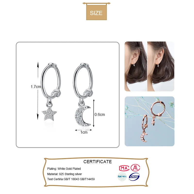 Trustdavis Authentic 925 Sterling Silver Fashion Star Moon Charm Hoop Earrings For Women Wedding Party Silver 925 Jewelry DS1771