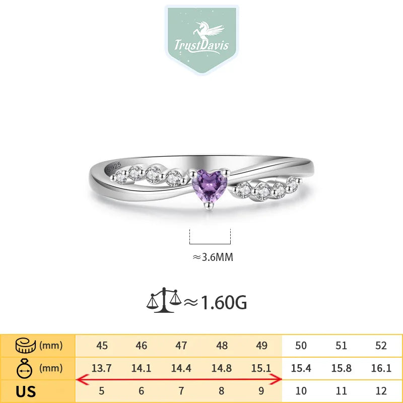 TrustDavis Real 925 Sterling Silver Women's Fashion Purple Cross Heart Shaped Zirconia Ring for Women Girls Jewelry Gifts DS4240