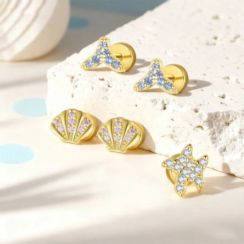 TrustDavis Real 925 Sterling Silver Fashion Sweet Starfish Seashell Mermaid Tail Earrings for Women Girls Jewelry Gift DS4735