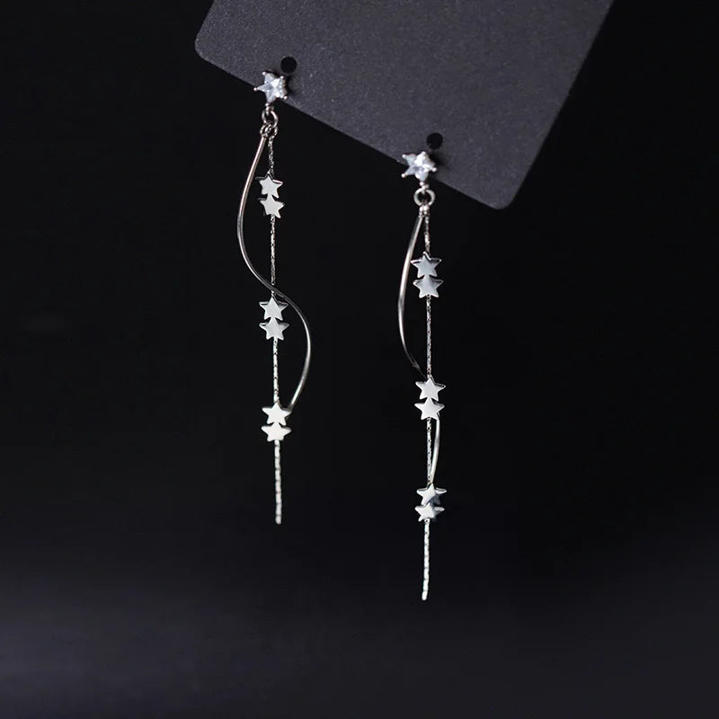 TrustDavis Real 925 Sterling Silver Earring For Women Waves Stars Tassels Stud Earrings Wedding Anniversary Jewelry Gift DG0008