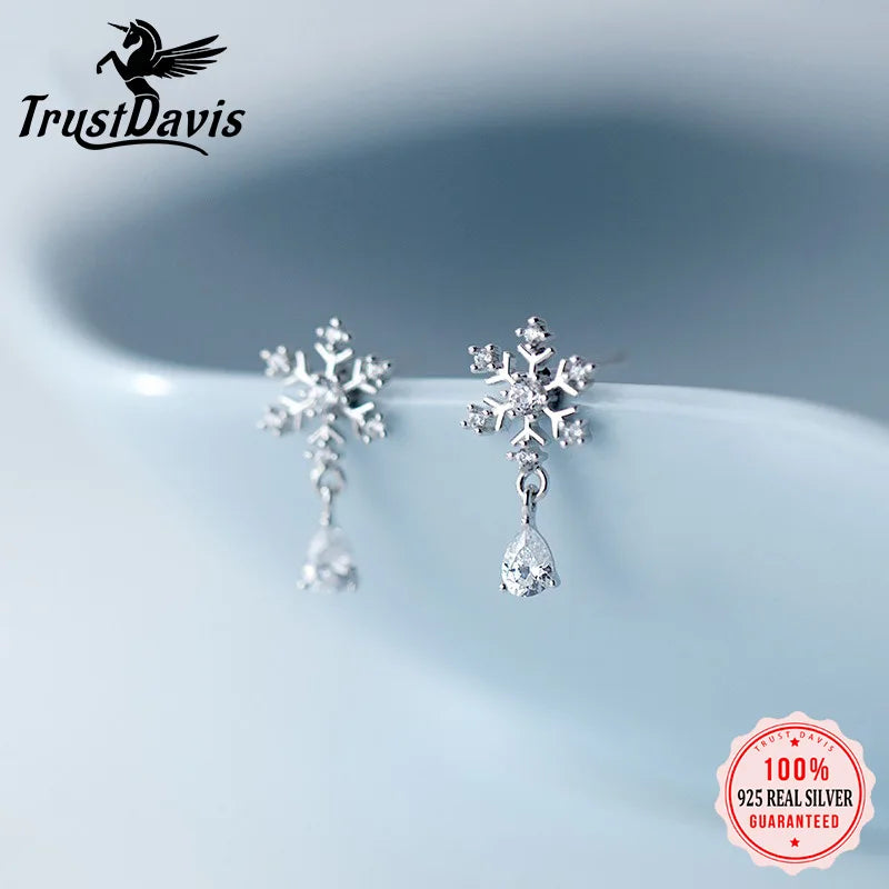 TrustDavis Real 925 Sterling Silver Fashion Fine Christmas Snow Stud Earrings for Women Jewelry DS4400