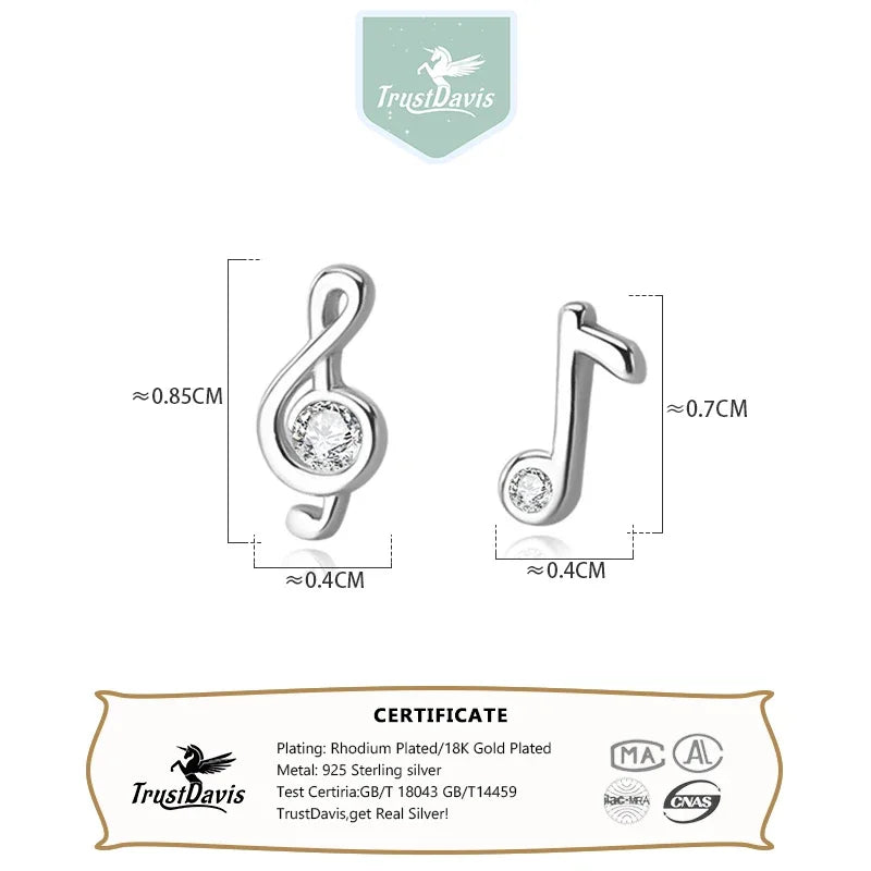 Trustdavis Girls Real 925 Sterling Silver Music Note Stud Earrings Girls Daughter Birthday Party Gift Jewelry DS4276