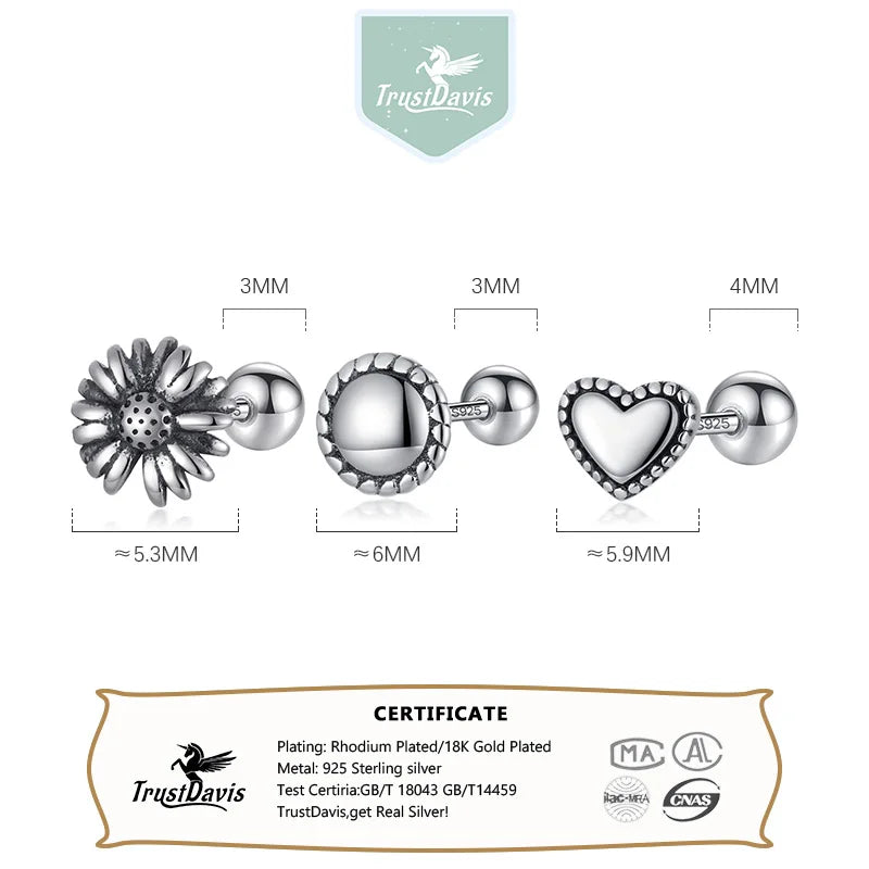 TrustDavis Real 925 Sterling Silver Heart Little Daisy Round Screw Stud Earrings for Women Wedding Trendy Fine Jewelry DS3473