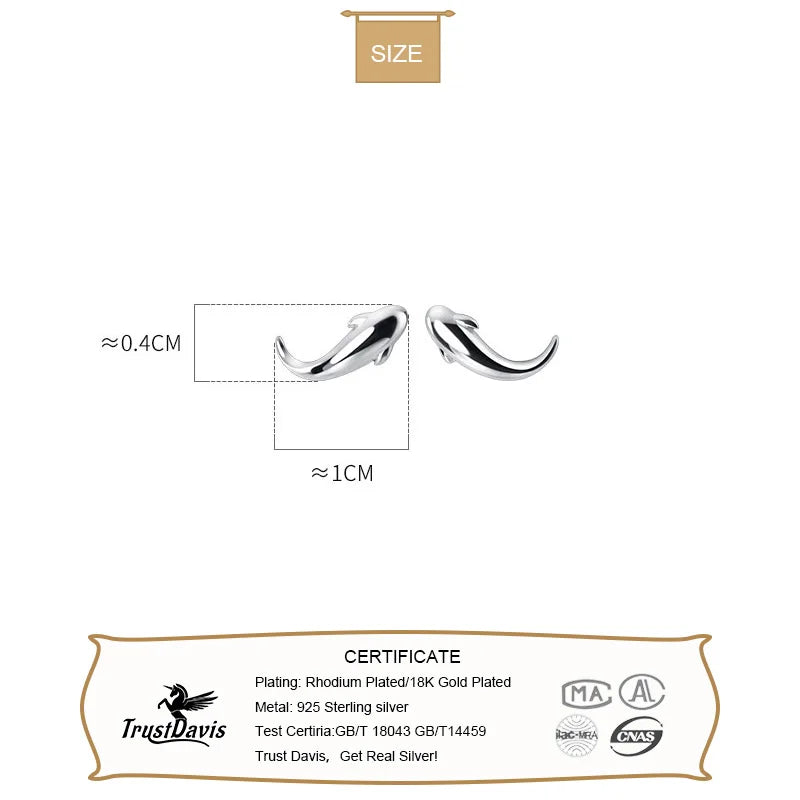TrustDavis Real 925 Sterling Silver Fashion Smooth Whale Dolphin Stud Earrings For Daughter Teen Girls Fine Gift Jewelry DG0168