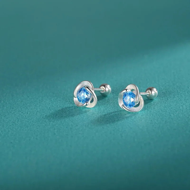 TrustDavis Real 925 Sterling Silver Kids Earrings Triangle Blue CZ Screw Stud Earrings For Daughter Girls Jewelry Gift DF2011