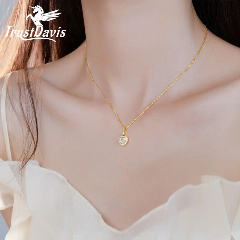 TrustDavis Girls 925 Solid Sterling Silver Necklace Romantic Love White Diamonds Pendant Mom Daughter Birthday Gift DS4340