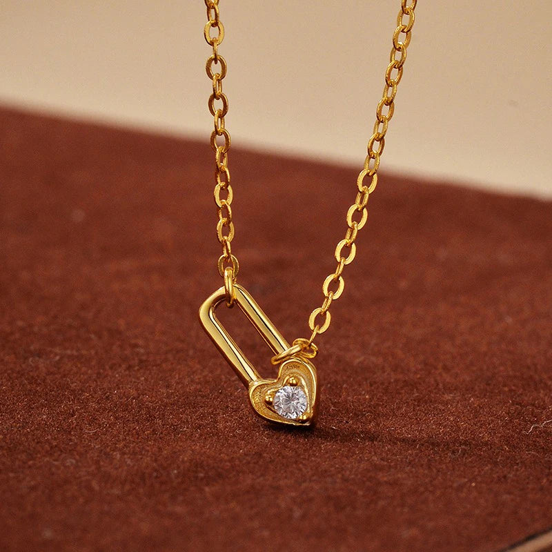 TrustDavis Real 925 Sterling Silver Women's Fashion Simple Zircon Heart Lock Necklace for Women Girls Jewelry Gift DS4457