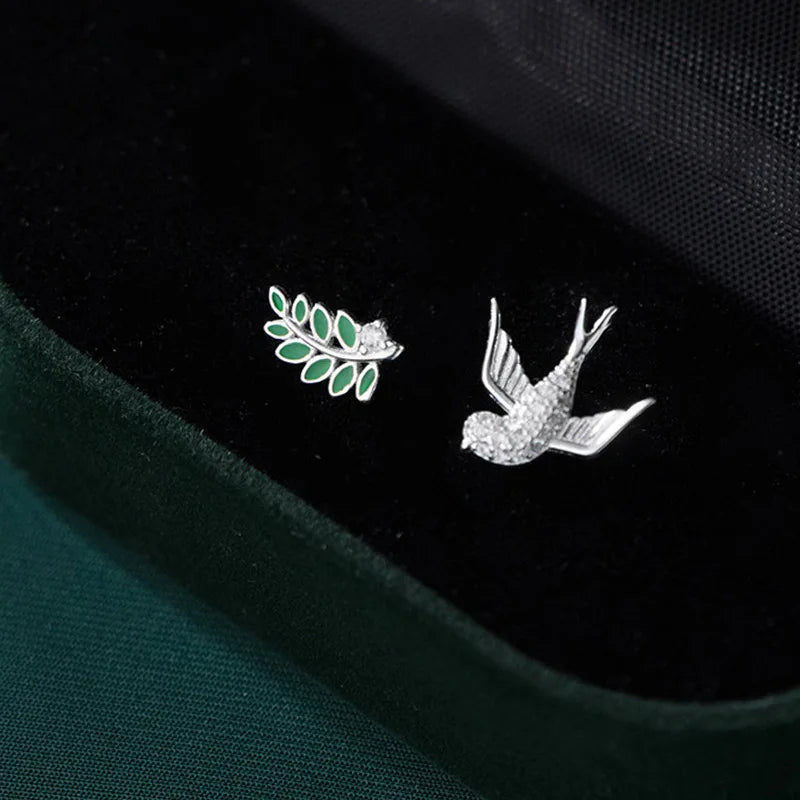 Sweet Asymmetric Bird Branch CZ Charm Stud Earrings DB422