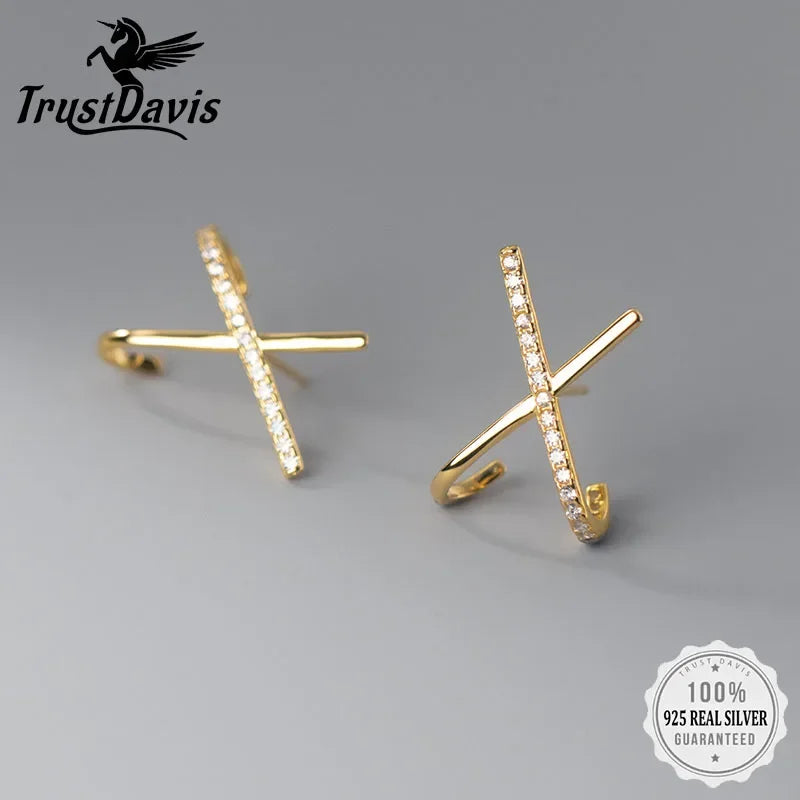 TrustDavis Real 925 Sterling Silver 2022 Jewelry 18k Gold Cross CZ Stud Earrings for Wedding Party Gift Fine 925 Jewelry DE0027