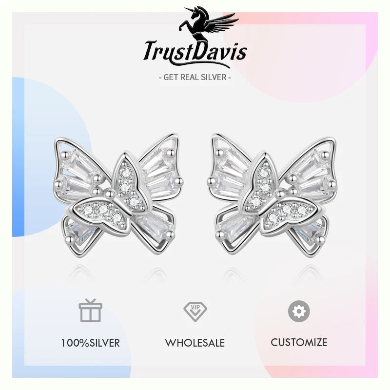 TrustDavis Real 925 Sterling Silver Cute Butterfly Stud Earrings for Women School Girls Daughter's Jewelry DS4118