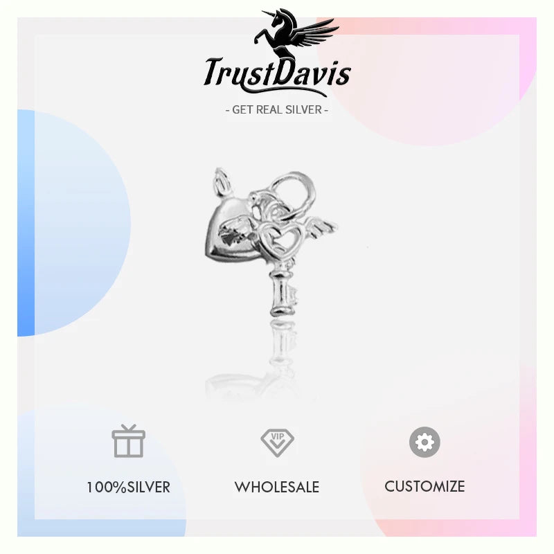 TrustDavis Real 925 Sterling Silver Classic Angel Wings Heart Lock Charm Pendant Handmade DIY Accessories Wholesale DZ1684