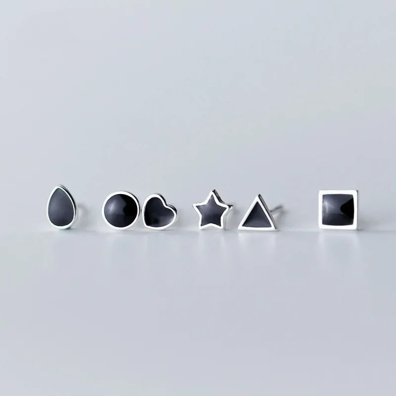 TrustDavis Real 925 Sterling Silver Black Star Square Heart Triangle Round Stud Earrings For Daughter Girls Birthday Gift DT14