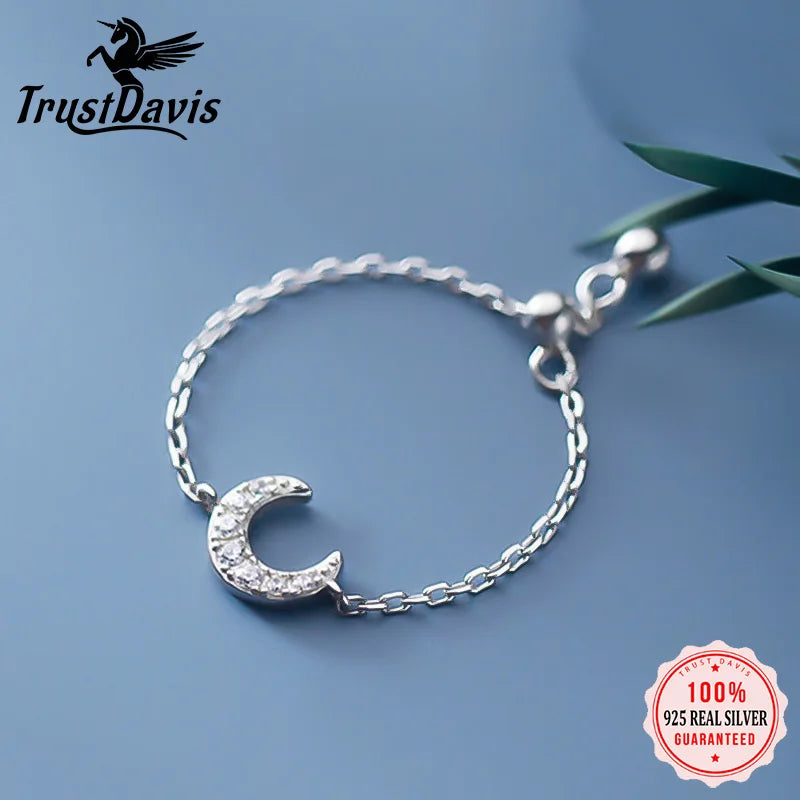 TrustDavis Real 925 Sterling Silver Fashion Sweet Moon Shiny CZ Chain Ring Sizable For Women Wedding Party Fine Jewelry DS940