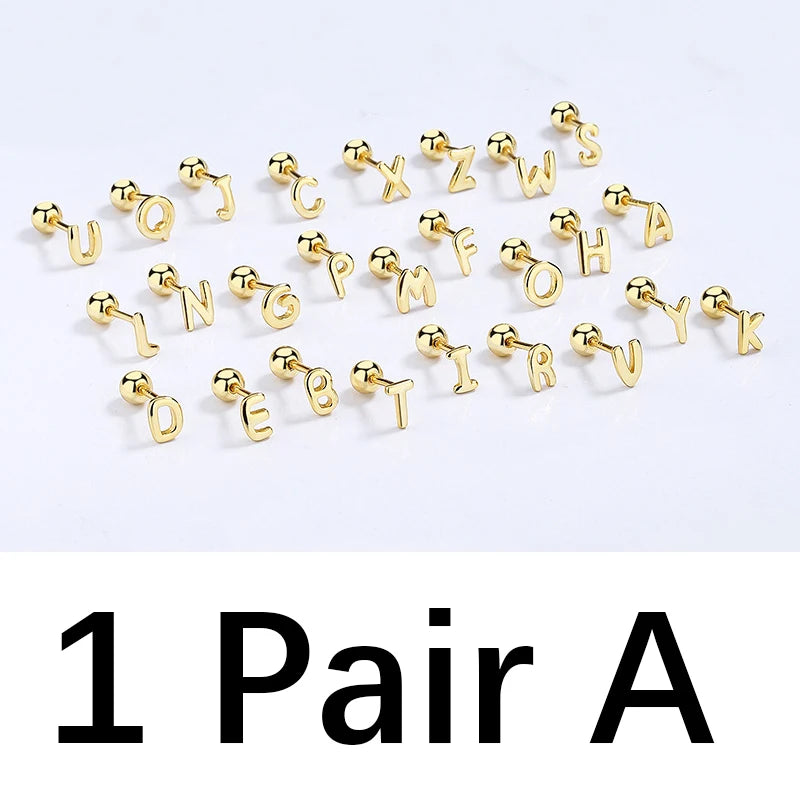 TrustDavis Real 925 Sterling Silver 26 Letter Screw Beads Stud Earring For Women Children Baby Minimalist Fine Jewelry DA2867