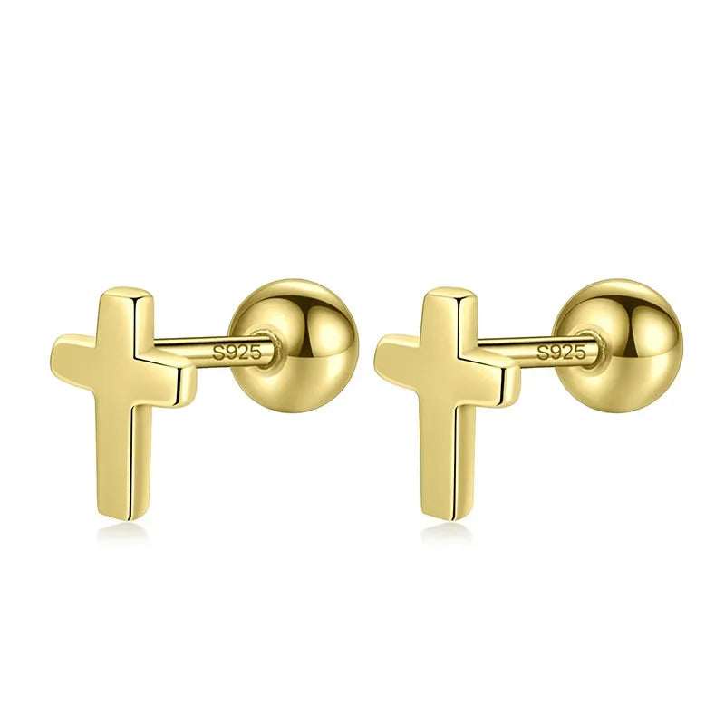 Real 925 Sterling Silver Mini Cross Bead Screw Stud Earrings DA00297