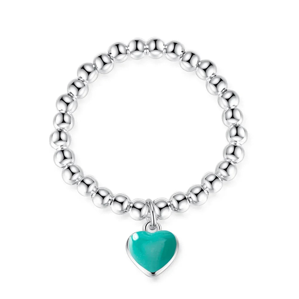 TrustDavis Minimalist Real 925 Sterling Silver Sweet Beads Red Heart Elastic Rings For Women Wedding Party S925 Jewelry DA1376