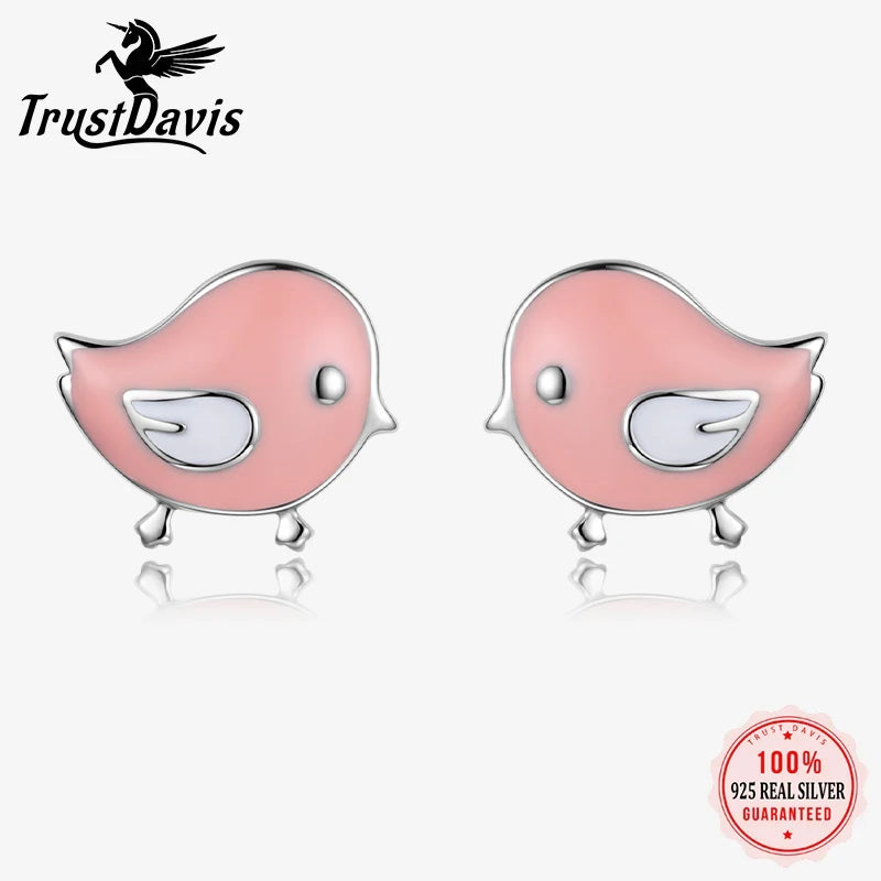 TrustDavis Real 925 Sterling Silver Fashion Sweet Glaze Pink Birds Stud Earrings For Women Wedding Party Fine Jewelry Gift DS616