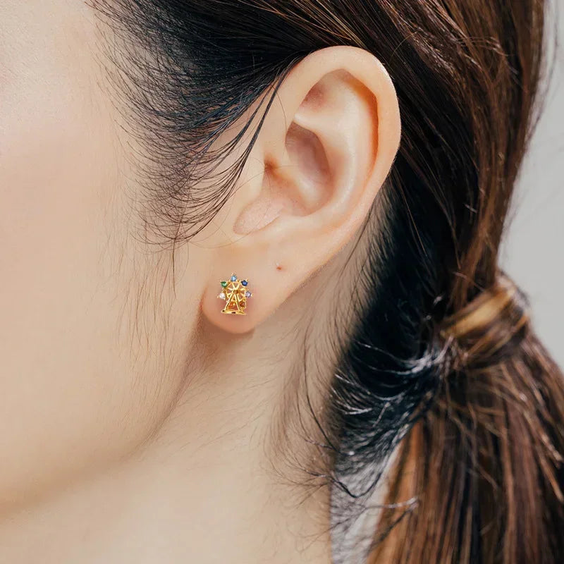 TrustDavis Girls 925 Sterling Silver Ferris Wheel Bead Screw Stud Earrings for Daughter Children Birthday Gift Jewelry DS4167