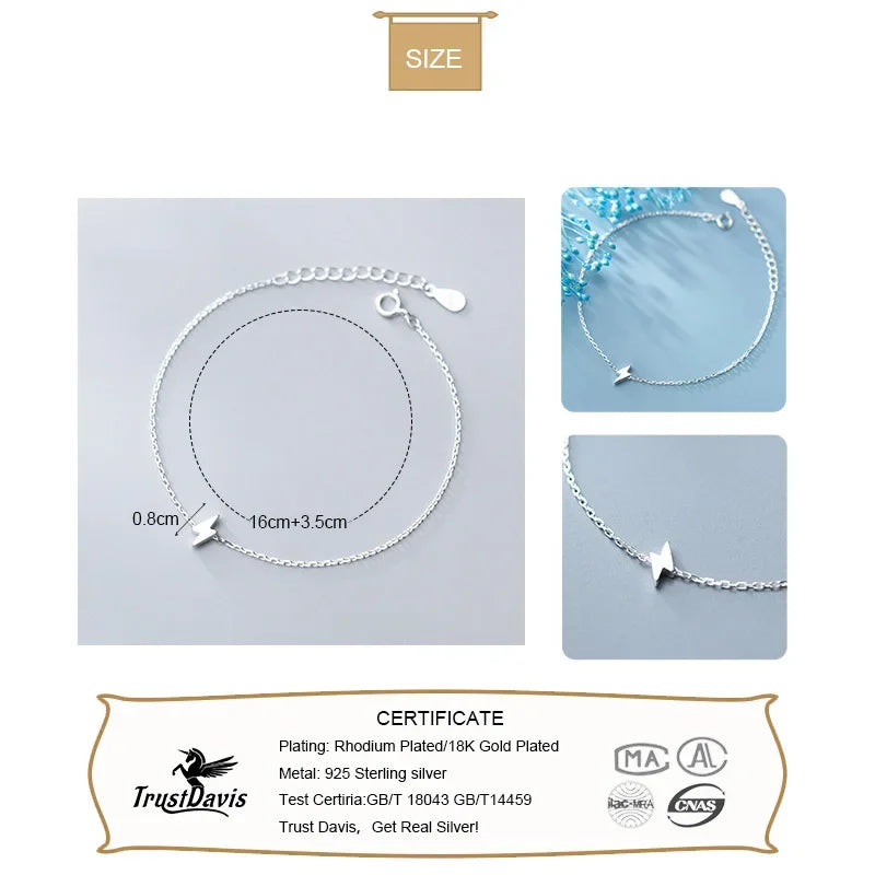 TrustDavis Minimalist 100% 925 Sterling Silver Cute Mini Lightning 16cm Bracelet For Women Girls Lady Birthday Gift DS1895