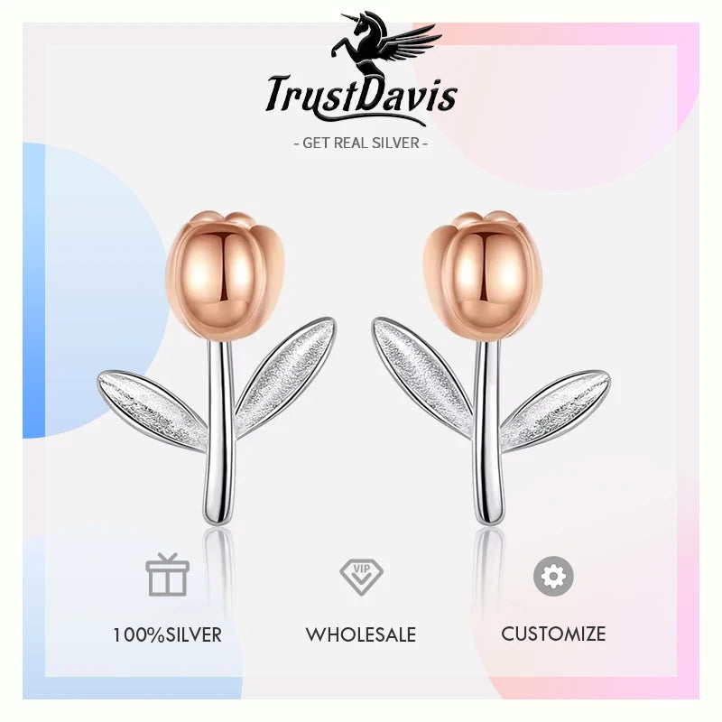 TrustDavis Real 925 Sterling Silver Fashion Flower Screw Stud Earrings For Women Wedding Fine Jewelry DA2500