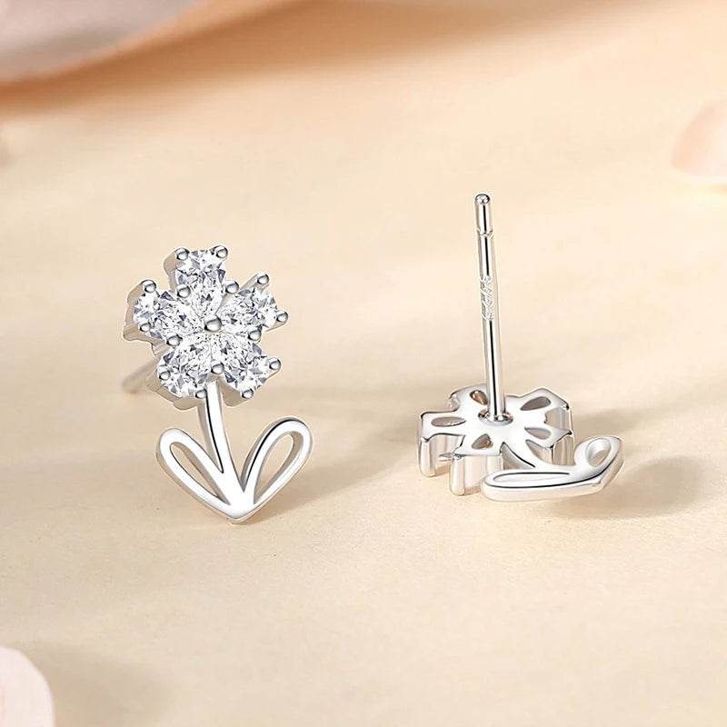TrustDavis 925 Sterling Silver Women's Fashion Sweet Flower Zirconia Stud Earrings for Women Girls Jewelry Gift DS4294